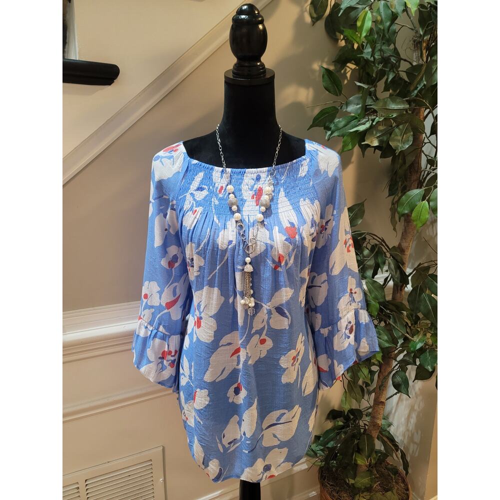 Zac & Rachel Blouse Women XL Blue White Floral Smocked Square Neck Flared Sleeve